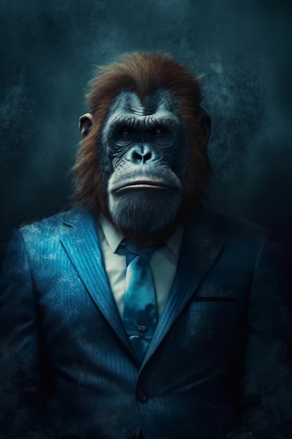 A monkey in a blue suit