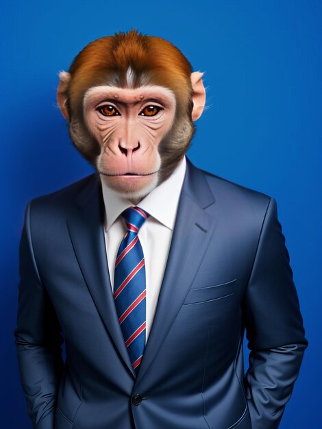 a monkey business suit is looking at the camera