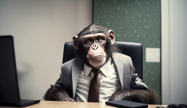 Monkey businessman is sitting in the office