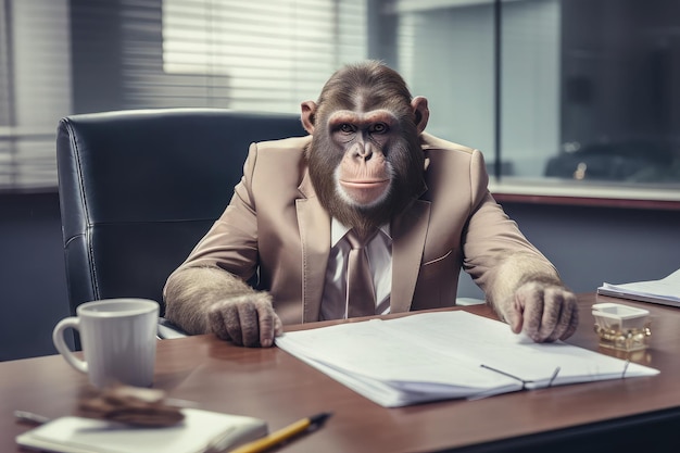 Photo a monkey in a businessman's suit is sitting at a desk in the office