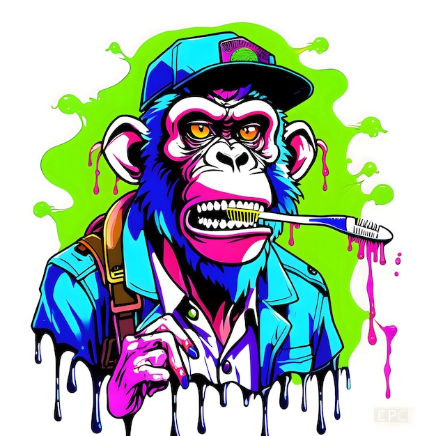 Photo monkey in a cap with a toothbrush
