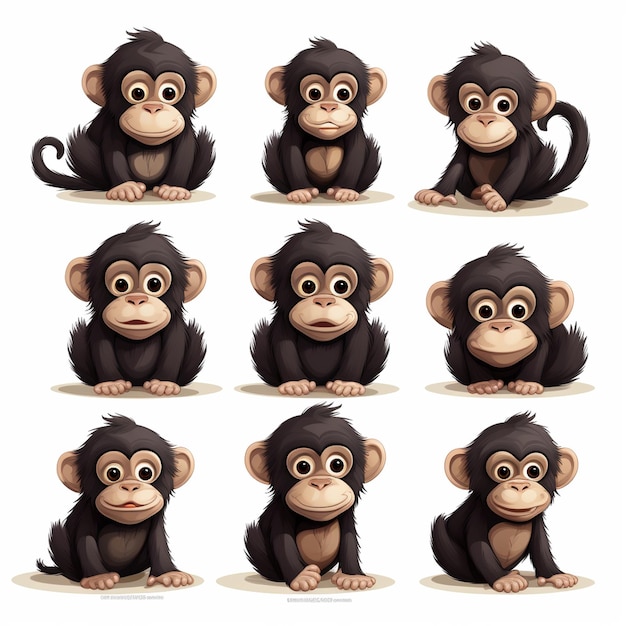 Monkey cartoon character with different facial expressions Vector illustration isolated on white background