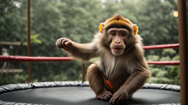 Персонаж обезьяны занимается акробатикой на батуте