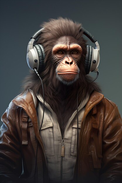 Monkey Chimpanzee listening to music with headphones