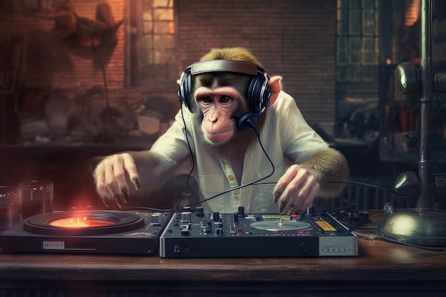 Monkey dj mixen muziek op draaitafels met koptelefoon gemaakt met generatieve AI