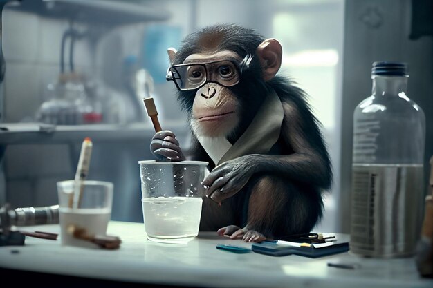 Monkey doing experiments in lab Illustration of a Curious Monkey Conducting a Laboratory Experiment High quality illustration