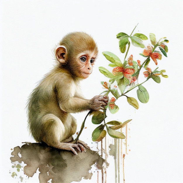 Monkey drawing watercolor Generative AI