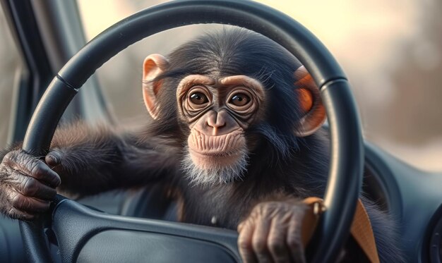 Foto una scimmia che guida un'auto in primo piano