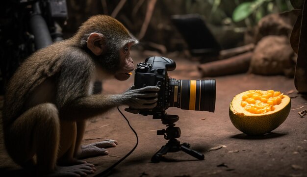 Photo a monkey eating a banana in the jungle generative ai
