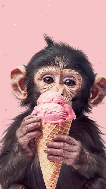 Monkey Eating Ice Cream Cone on Pink Background