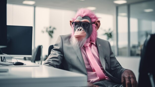 A monkey in fashionable stylish clothes sits at a desk in the office Chimpanzee manager at work