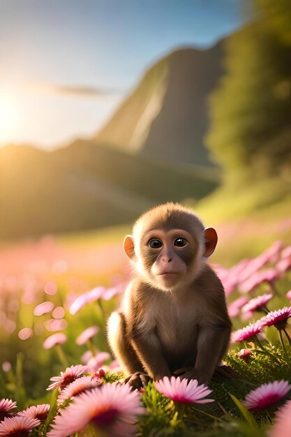 A monkey in a field of flowers