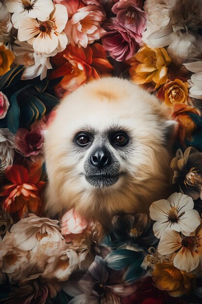 A monkey in a flower bed