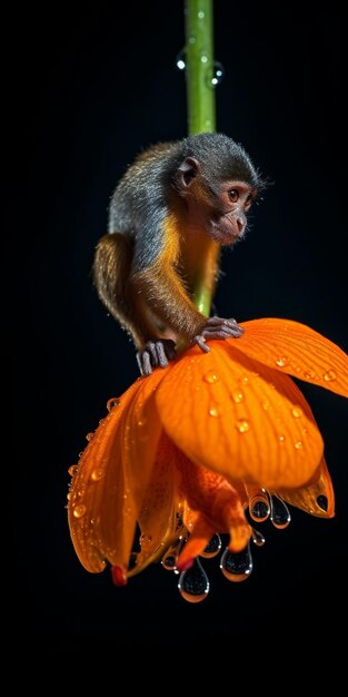 A monkey on a flower with a black background