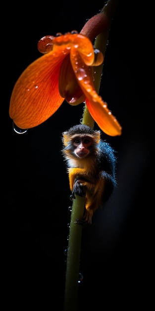 A monkey on a flower with water drops on it