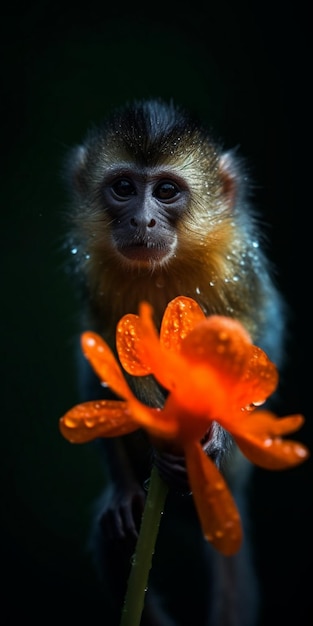 A monkey on a flower with water drops on it