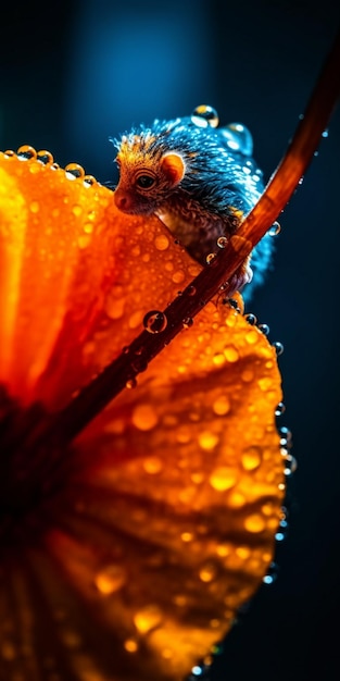 A monkey on a flower with water drops on it