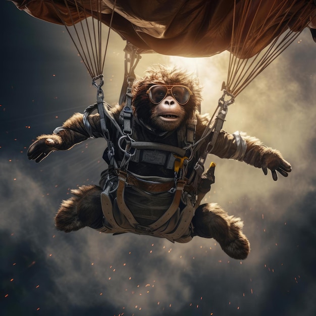 Monkey flying by parachute