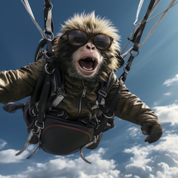 Monkey flying by parachute