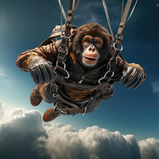 Monkey flying by parachute