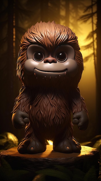 Monkey in the forest at night 3d illustration Chibi art glowing background nft style