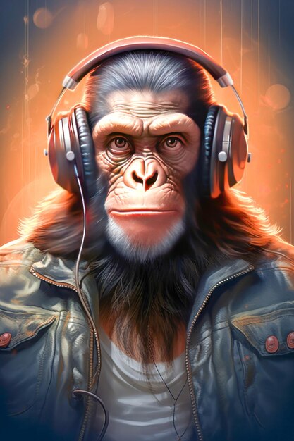 Monkey or gorilla listening music with headphone