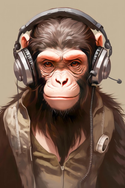 Monkey or gorilla listening music with headphone