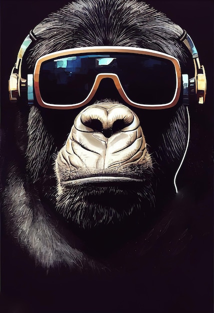 Monkey gorilla with headphones color art