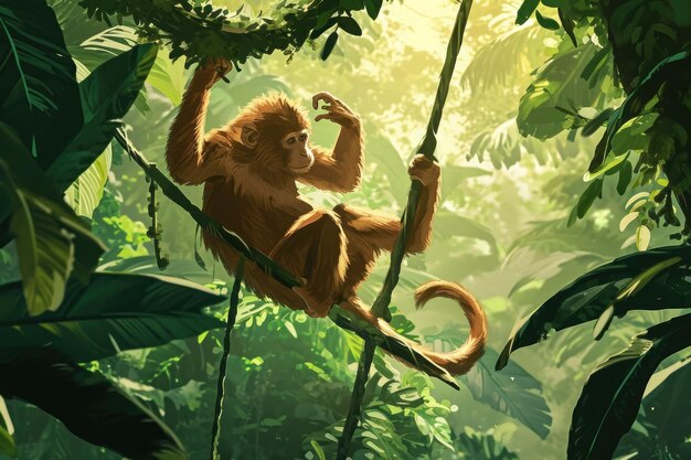 A monkey grips onto a branch as it hangs from a tree in the dense jungle An agile monkey swinging on vines in a lush jungle AI Generated