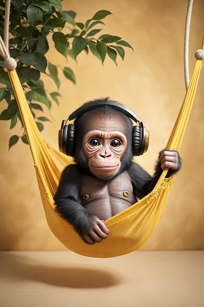 Monkey in a hammock listening to music on a yellow