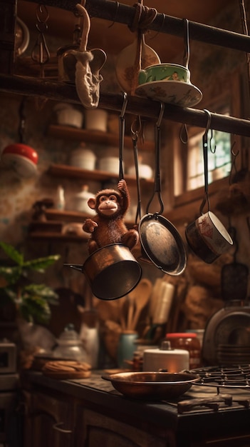 A monkey hanging from a kitchen shelf