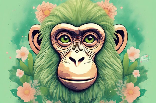 monkey head with flowers on green background vector