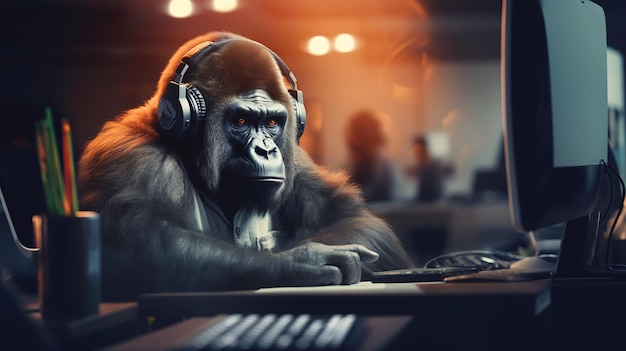 Monkey in headphones call center worker. High quality photo