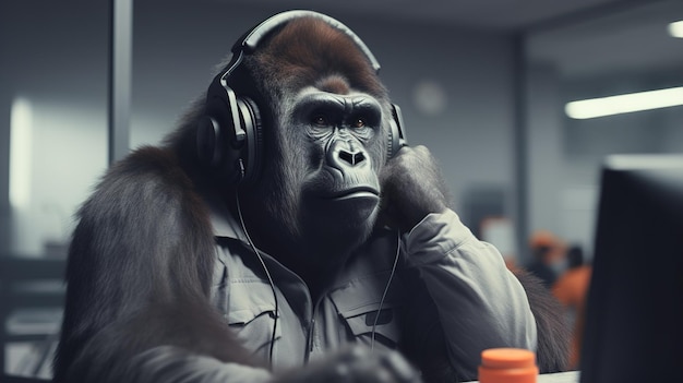 Monkey in headphones call center worker. High quality photo