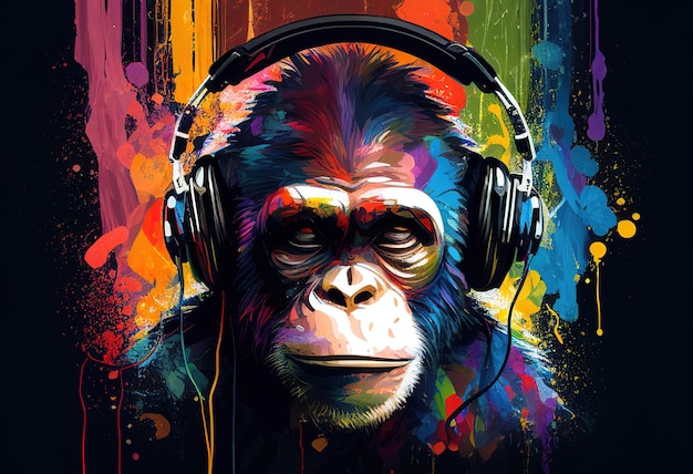 Monkey in headphones illustration AI generative