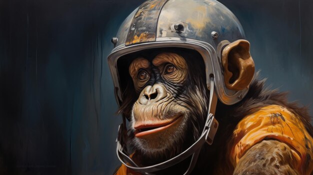 Monkey in a hockey helmet on a dark background with copyspace High quality photo