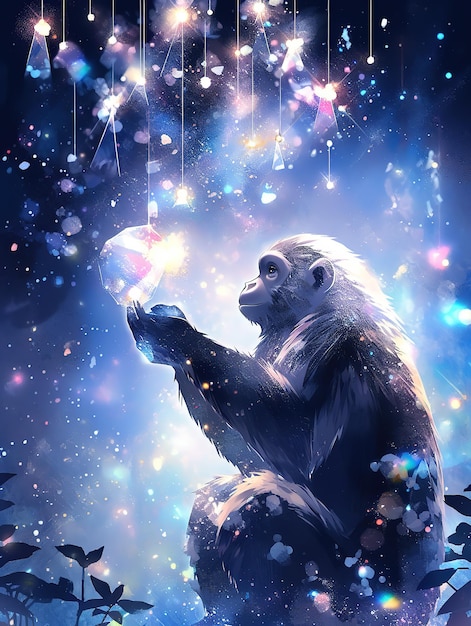 A monkey holding a ball of lights in his hands.