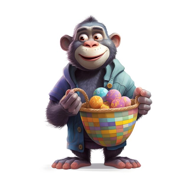 A monkey holding a basket of easter eggs.