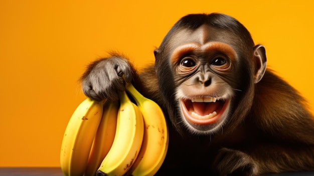 Photo a monkey holding a bunch of bananas in its mouth ai