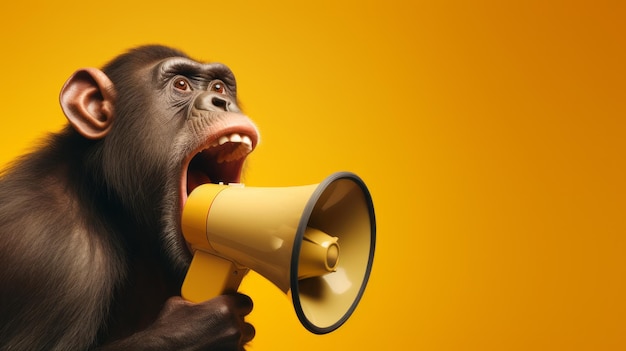 A monkey holding a megaphone and shouting loudly