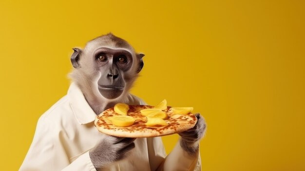 A monkey holding a pizza with pineapples on it ai