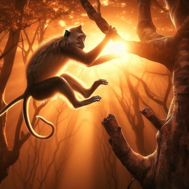 Photo a monkey is climbing a tree with the sun behind him