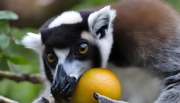 Photo a monkey is holding a fruit with a banana in its mouth
