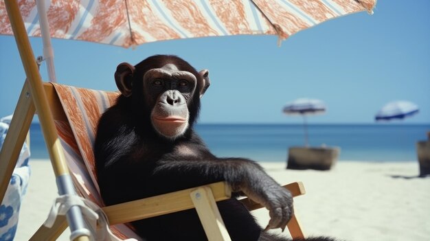 Photo the monkey is sitting on the beach by the pool sunbathing under a beach umbrella on a sunbed chimp