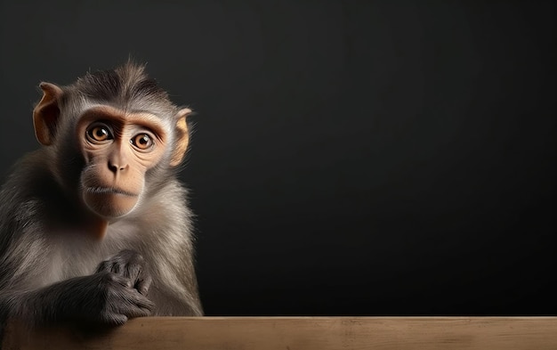 A monkey is sitting behind a wooden table.
