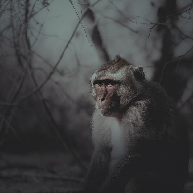 Photo a monkey is sitting in the woods and the word monkey is on the picture.