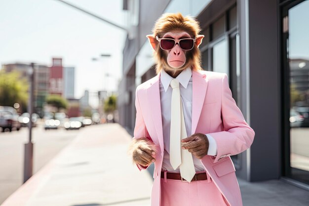 A Monkey is wearing sunglasses suit and standing on street