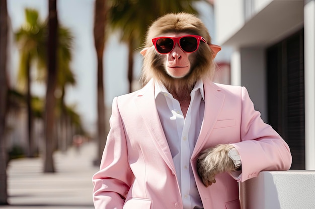 A Monkey is wearing sunglasses suit and standing on street