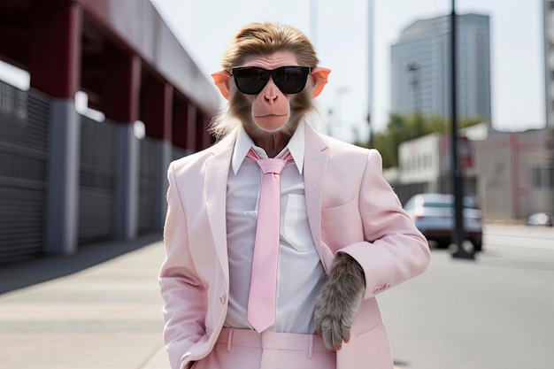 A Monkey is wearing sunglasses suit and standing on street