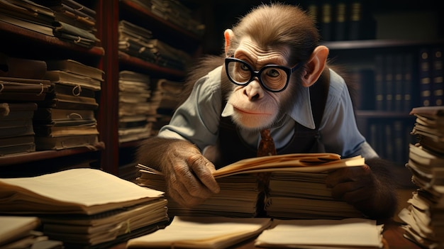 Photo monkey librarian sorting archives